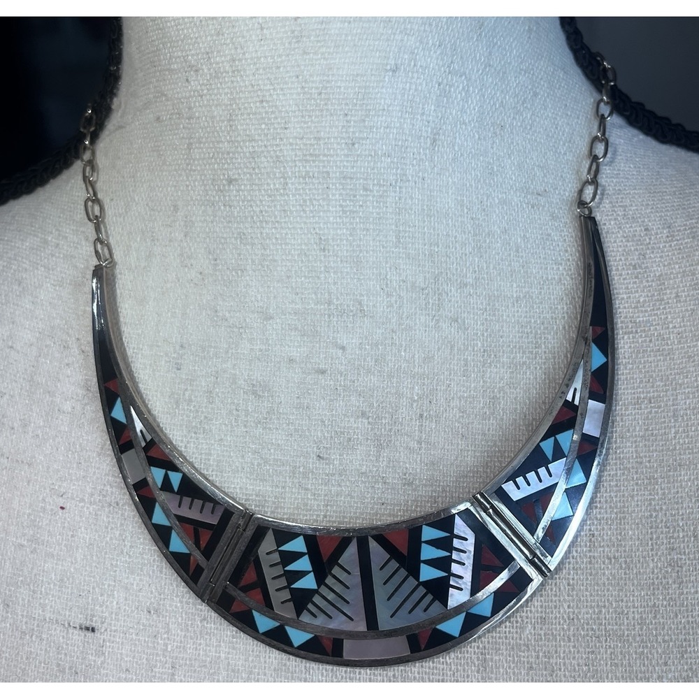 Vintage Zuni Alex and Marylita Boone  Mosaic Inlay Sterling Silver Necklace